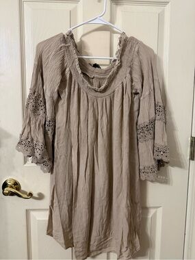 Boho Crochet-Sleeve Mini Dress in Taupe